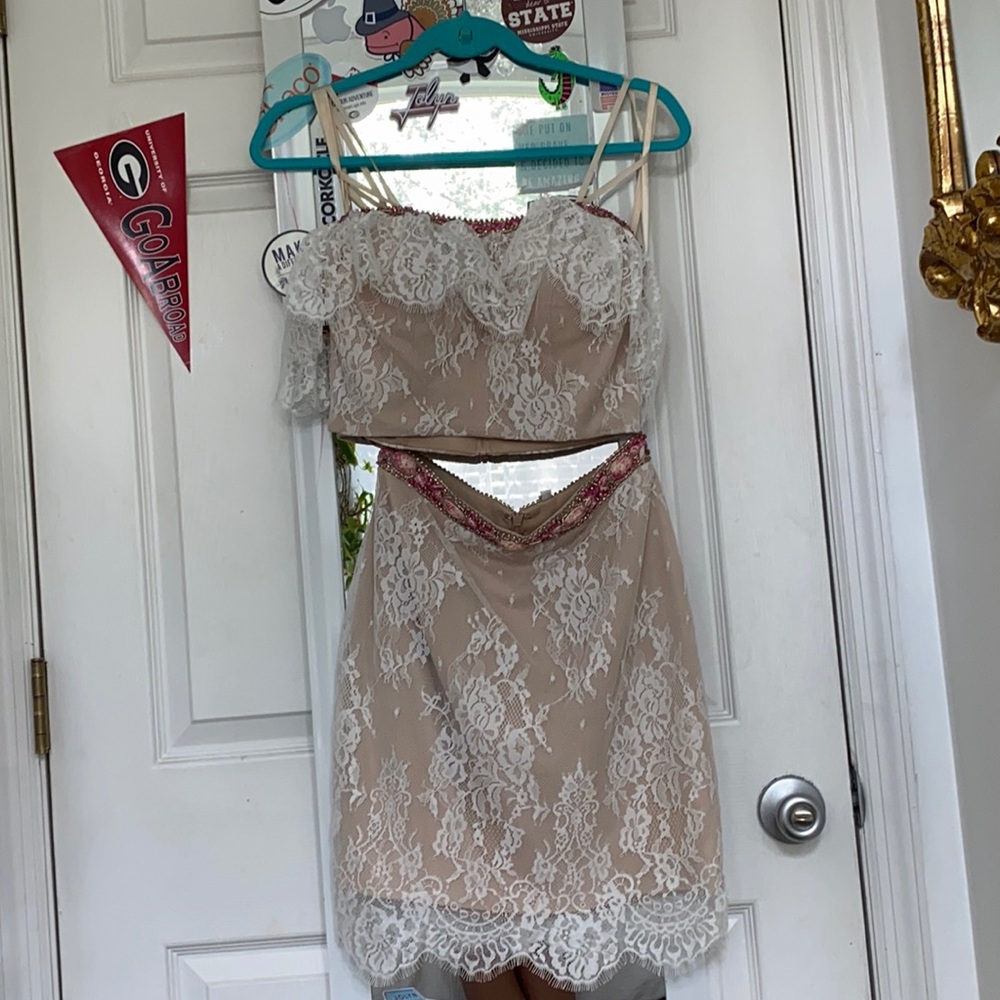 Sherri Hill lace and pink beaded two piece dress